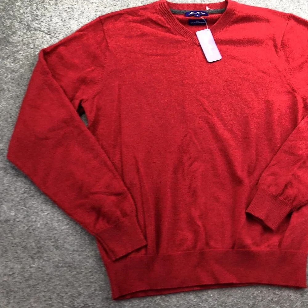 Alan Flusser Sweater Mens Medium Red 2 Ply Cashmere V Neck Knit Pullover Top
